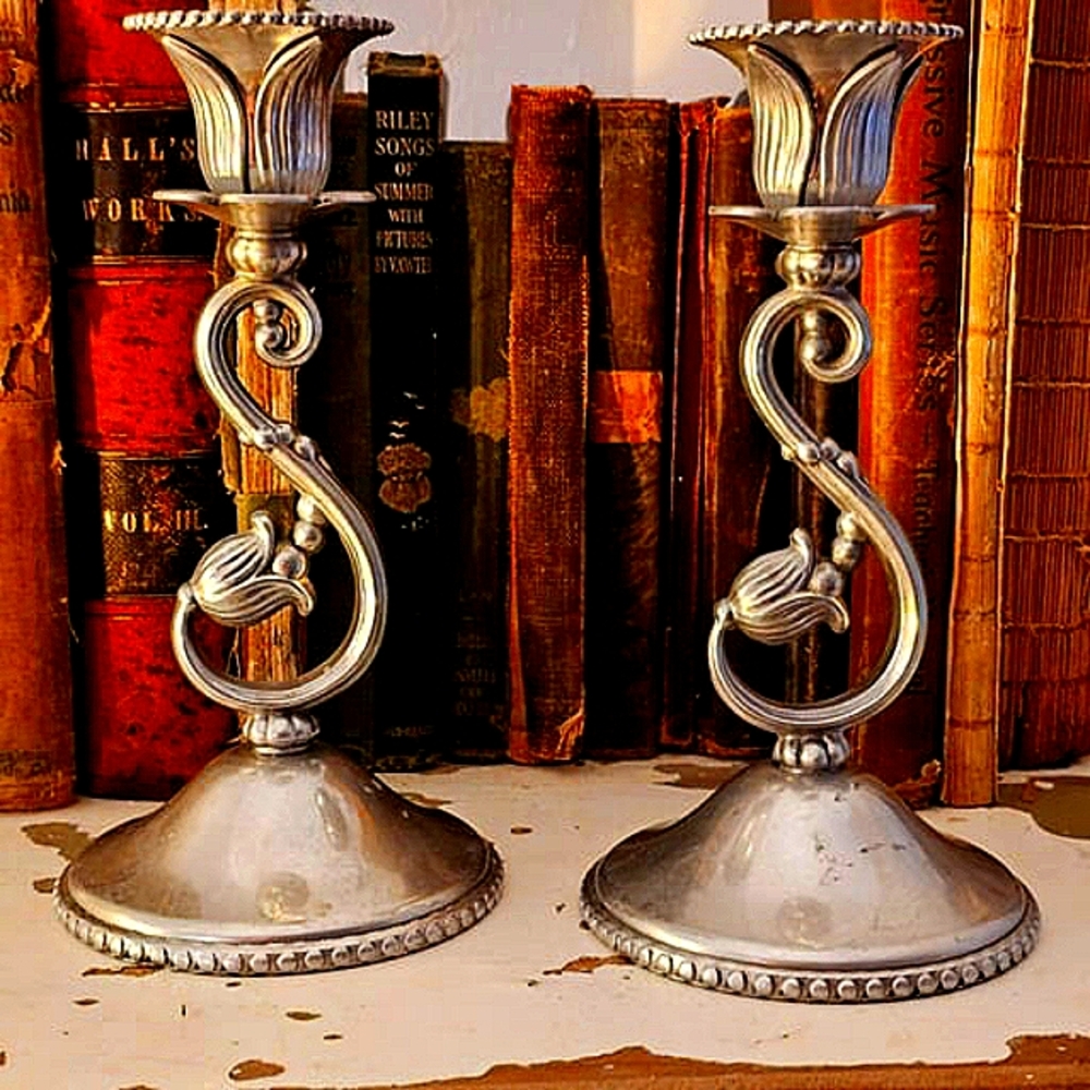 Vintage Candle holder Pair w Floral & Scroll design Wrought Iron Aluminum